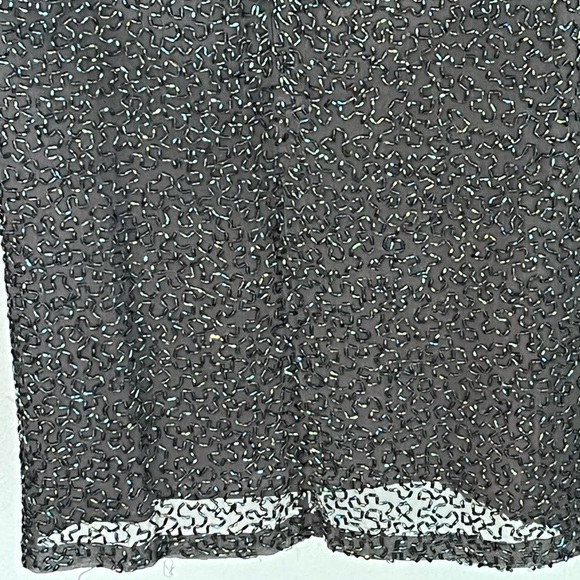 Vintage 80’s Silk Allover BEADED DRESS Shimmer Low Back Sleeveless Black Green 4 - Picture 7 of 14